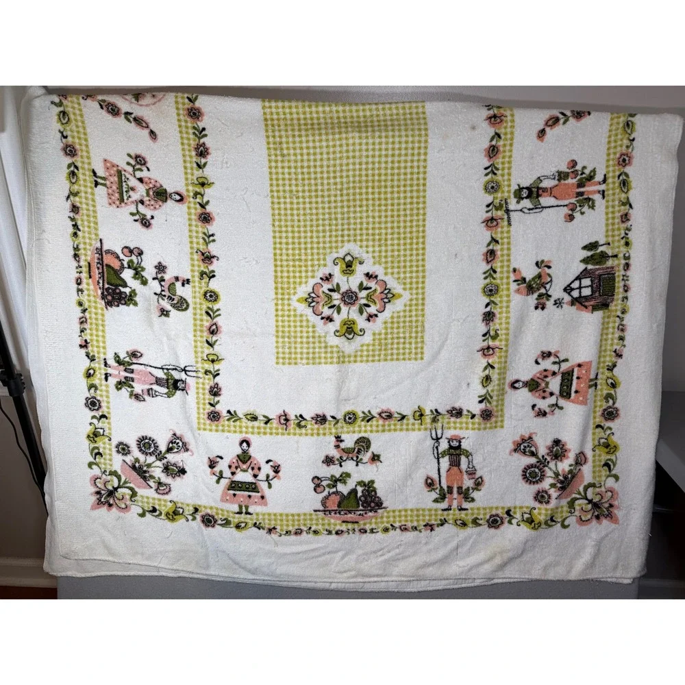 VTG Dutch Folk Art Terry Cloth Tablecloth Pink Green Gingham Farmer Rooster 70s